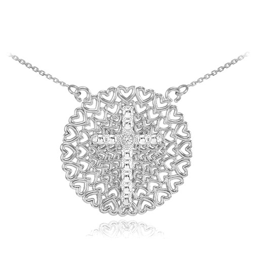 White Gold Filigree Heart Cross Diamond Necklace