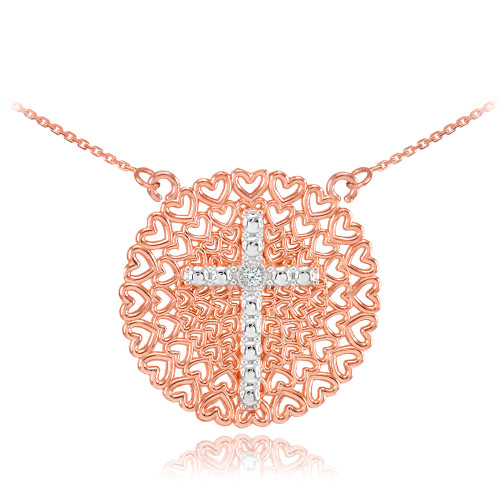 Two-Tone Rose Gold Filigree Heart Cross Diamond Necklace