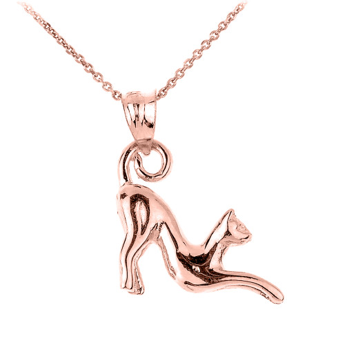 Solid Rose Gold Stretching Cat Charm Pendant Necklace
