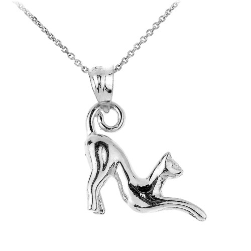 Sterling Silver Stretching Cat Charm Pendant Necklace