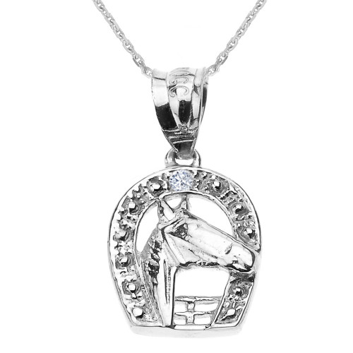 White Gold Diamond Horseshoe with Horse Head Pendant Necklace