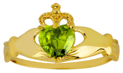 August birthstone peridot claddagh ring in gold.