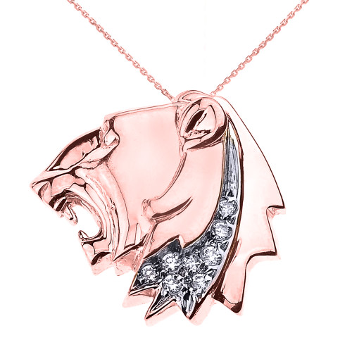 Rose Gold Roaring Lion Head CZ Pendant Necklace