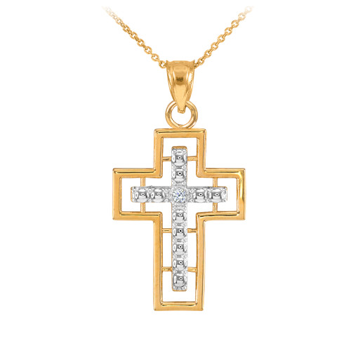 14K Two Tone Gold Cross Diamond Pendant Necklace