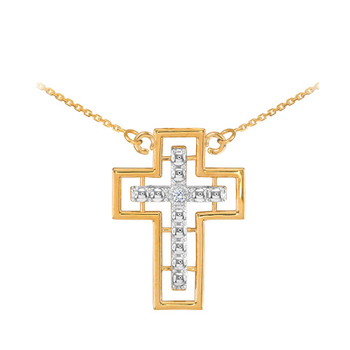14K Two Tone Gold Cross Diamond Necklace