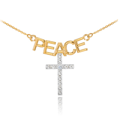 14K Two Tone Gold PEACE Cross Diamond Necklace