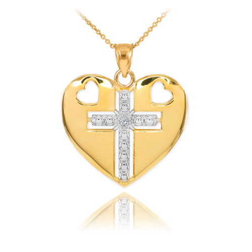 14K Two Tone Gold Heart Cross Diamond Pendant Necklace