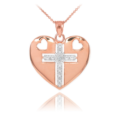 14K Two Tone Rose Gold Heart Cross Diamond Pendant Necklace