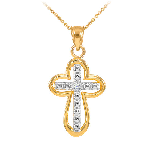 14K Two Tone Gold Cross Diamond Charm Necklace