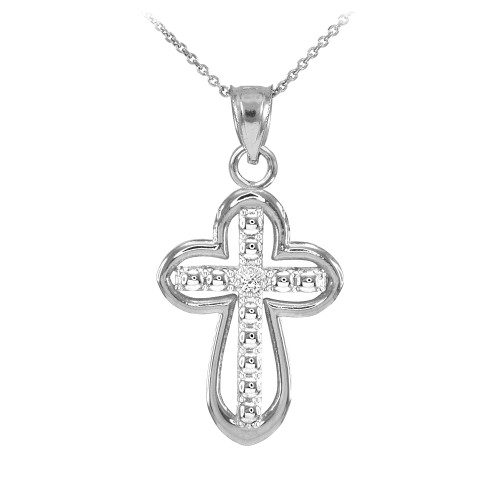 14K White Gold Cross Diamond Charm Necklace