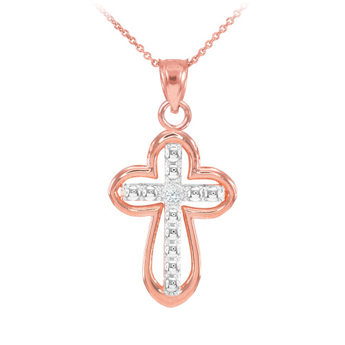 14K Two Tone Rose Gold Cross Diamond Charm Necklace