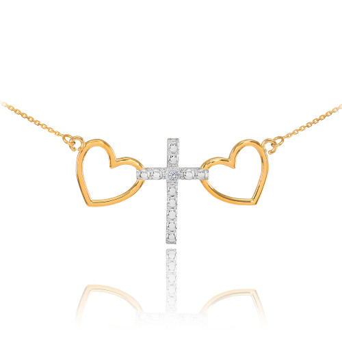 14 K Two Tone Gold Heart Cross Diamond Necklace