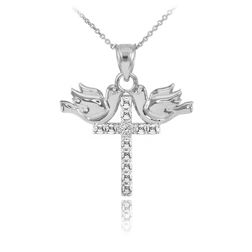 14K White Gold Pigeon Cross Diamond Pendant Necklace