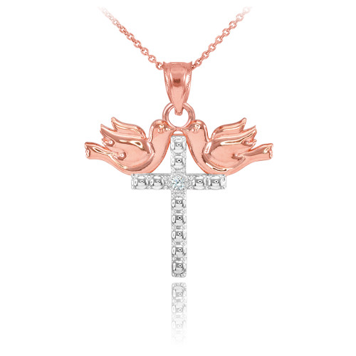 14K Two Tone Rose Gold Pigeon Cross Diamond Pendant Necklace