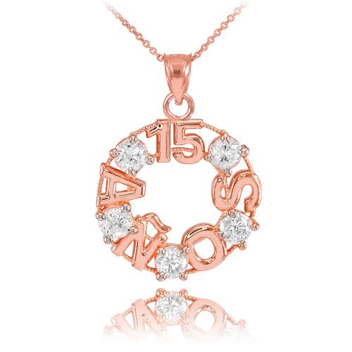 14K Rose Gold 15 Años CZ Pendant Necklace