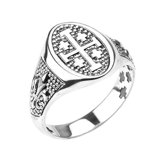 White Gold Jerusalem Cross Unisex Ring with Fleur De Lis
