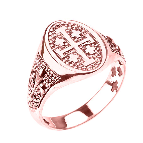 Rose Gold Jerusalem Cross Unisex Ring with Fleur De Lis