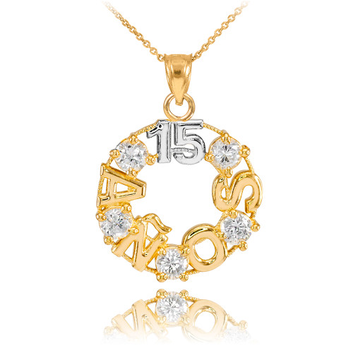 14K Two Tone Gold 15 Años CZ Pendant Necklace
