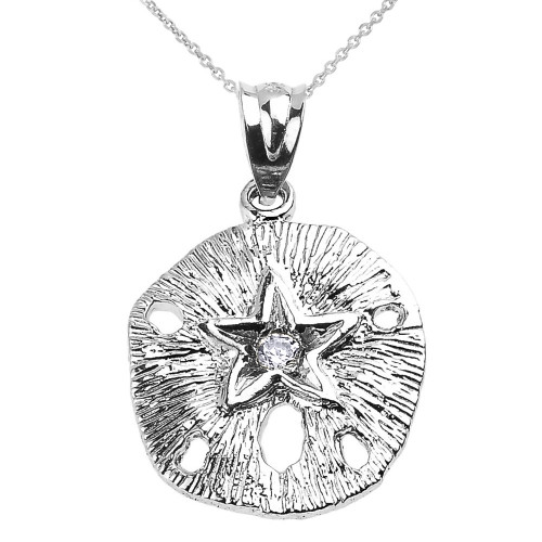 White Gold Sand Dollar CZ Pendant Necklace