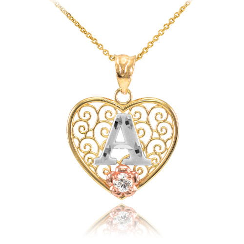 Two Tone Yellow Gold Filigree Heart "A" Initial CZ Pendant Necklace