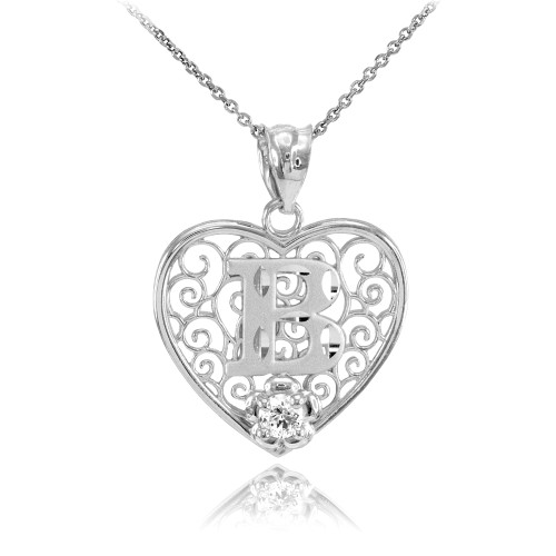 Silver Filigree Heart "B" Initial CZ Pendant Necklace