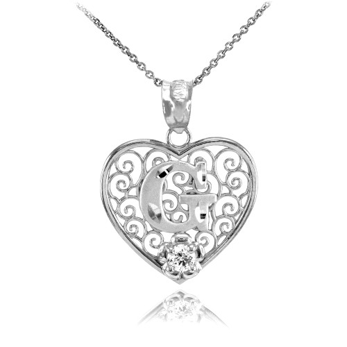 White Gold Filigree Heart "G" Initial CZ Pendant Necklace