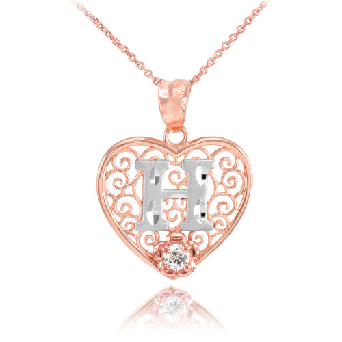 Two Tone Rose Gold Filigree Heart "H" Initial CZ Pendant Necklace