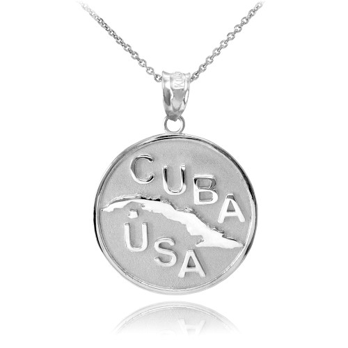 Solid White Gold CUBA-USA Medallion Pendant Necklace