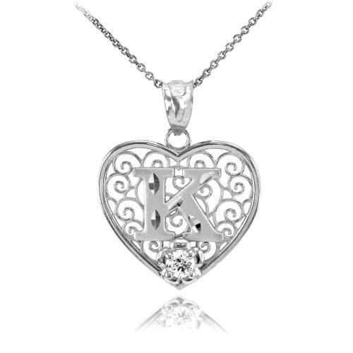 White Gold Filigree Heart "K" Initial CZ Pendant Necklace