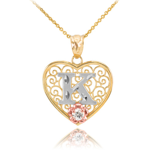 Two Tone Yellow Gold Filigree Heart "K" Initial CZ Pendant Necklace