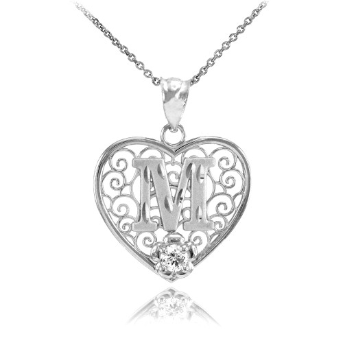 White Gold Filigree Heart "M" Initial CZ Pendant Necklace