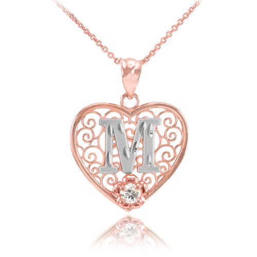 Two Tone Rose Gold Filigree Heart "M" Initial CZ Pendant Necklace