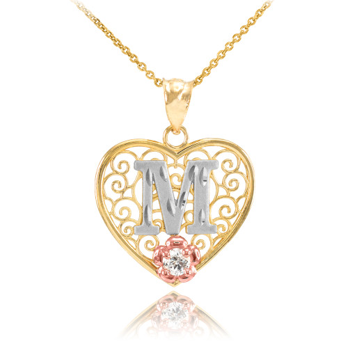 Two Tone Yellow Gold Filigree Heart "M" Initial CZ Pendant Necklace