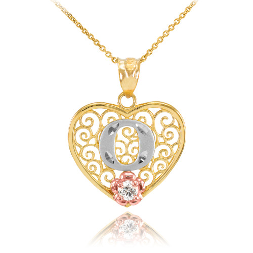 Two Tone Yellow Gold Filigree Heart "O" Initial CZ Pendant Necklace