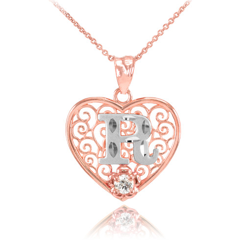 Two Tone Rose Gold Filigree Heart "R" Initial CZ Pendant Necklace