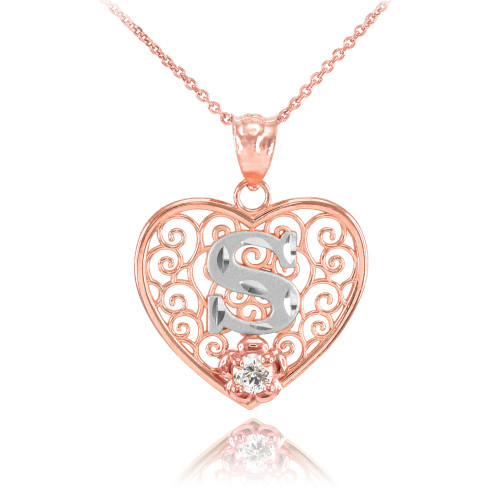 Two Tone Rose Gold Filigree Heart "S" Initial CZ Pendant Necklace
