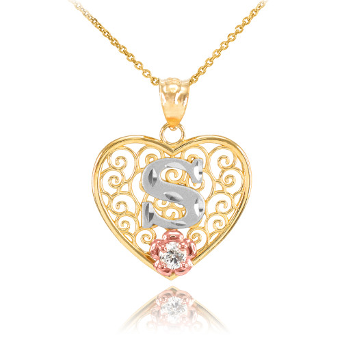 Two Tone Yellow Gold Filigree Heart "S" Initial CZ Pendant Necklace