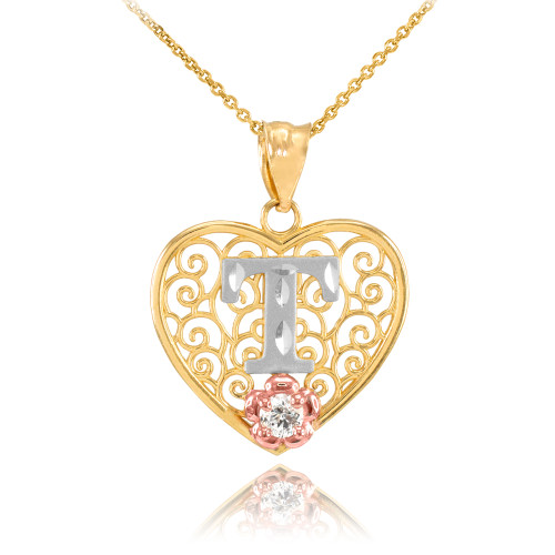 Two Tone Yellow Gold Filigree Heart "T" Initial CZ Pendant Necklace