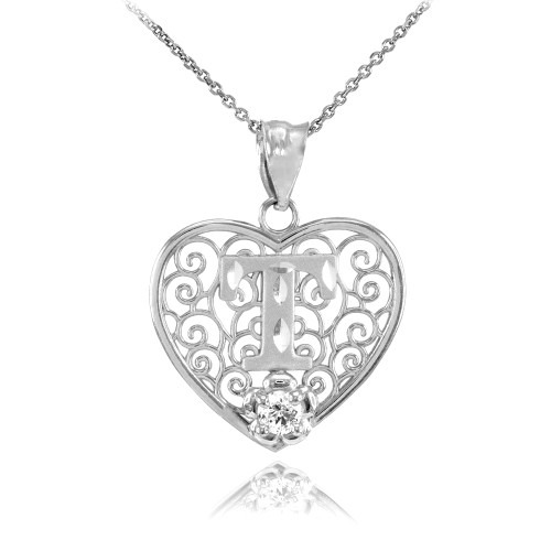 Silver Filigree Heart "T" Initial CZ Pendant Necklace