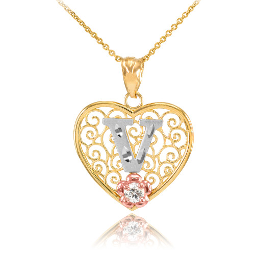 Two Tone Yellow Gold Filigree Heart "V" Initial CZ Pendant Necklace