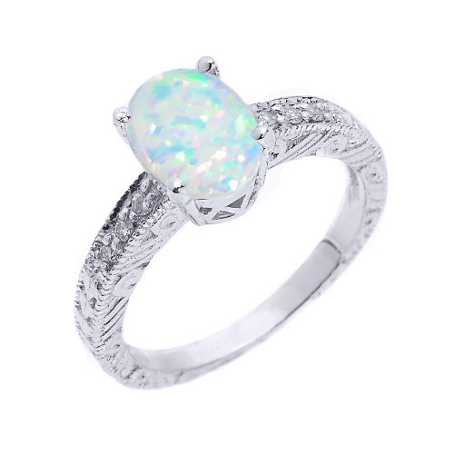 Sterling Silver Art Deco Lab Created Opal and CZ Birthstone Ring
