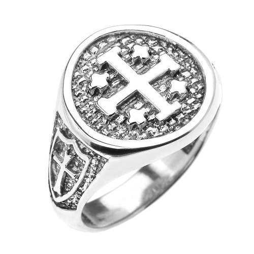 White Gold Jerusalem Crusaders Cross Five Wounds of Christ Men's Ring