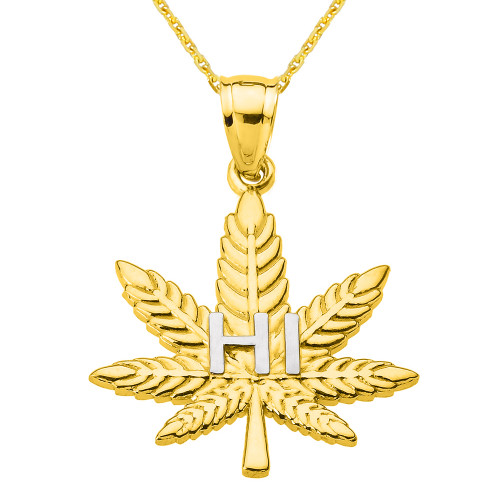 Yellow Gold Marijuana Cannabis Leaf "HI" Script Pendant Necklace