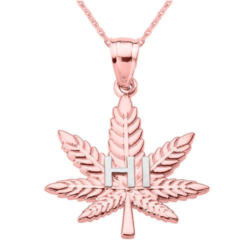 Rose Gold Marijuana Cannabis Leaf "HI" Script Pendant Necklace