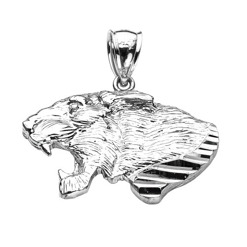 White Gold Diamond Cut Roaring Lion Head Pendant