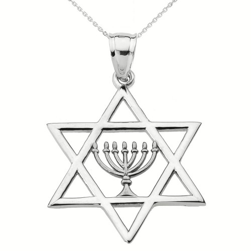 Sterling Silver Star of David with Menorah Pendant Necklace