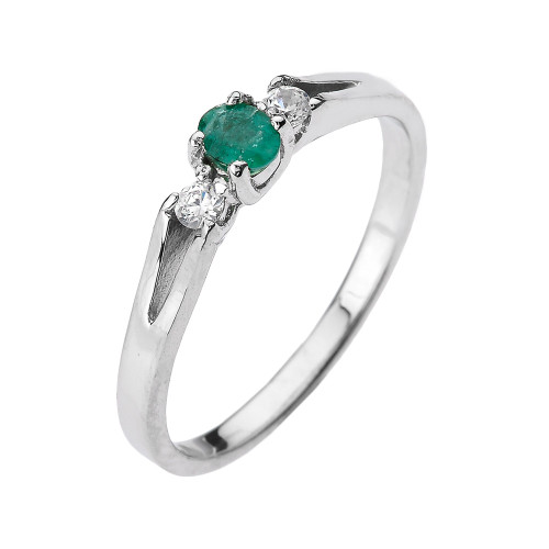 Beautiful White Gold Diamond with Emerald Proposal and Birthstone Ring