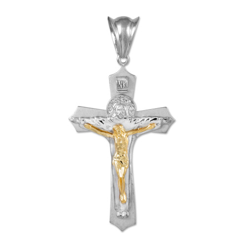 White Two-Tone Gold Holy Trinity Crucifix Pendant Midsize