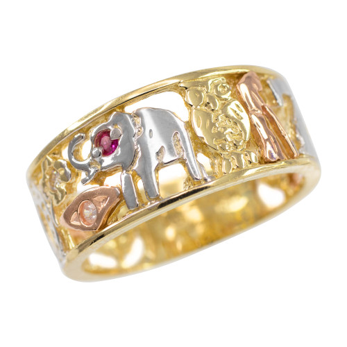 Tri-tone Gold Red CZ Lucky Ring