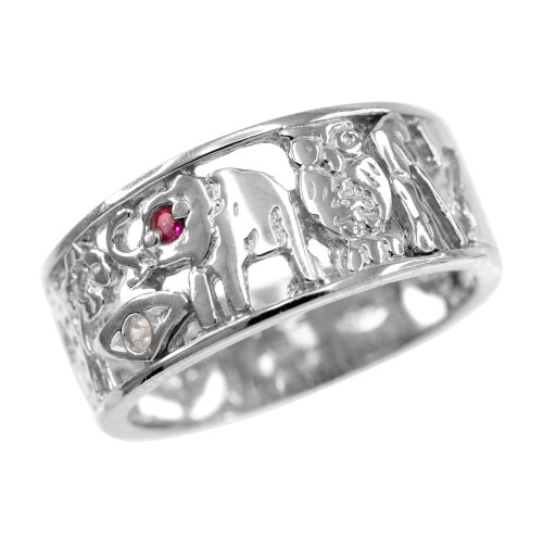 White Gold Red CZ Lucky Ring